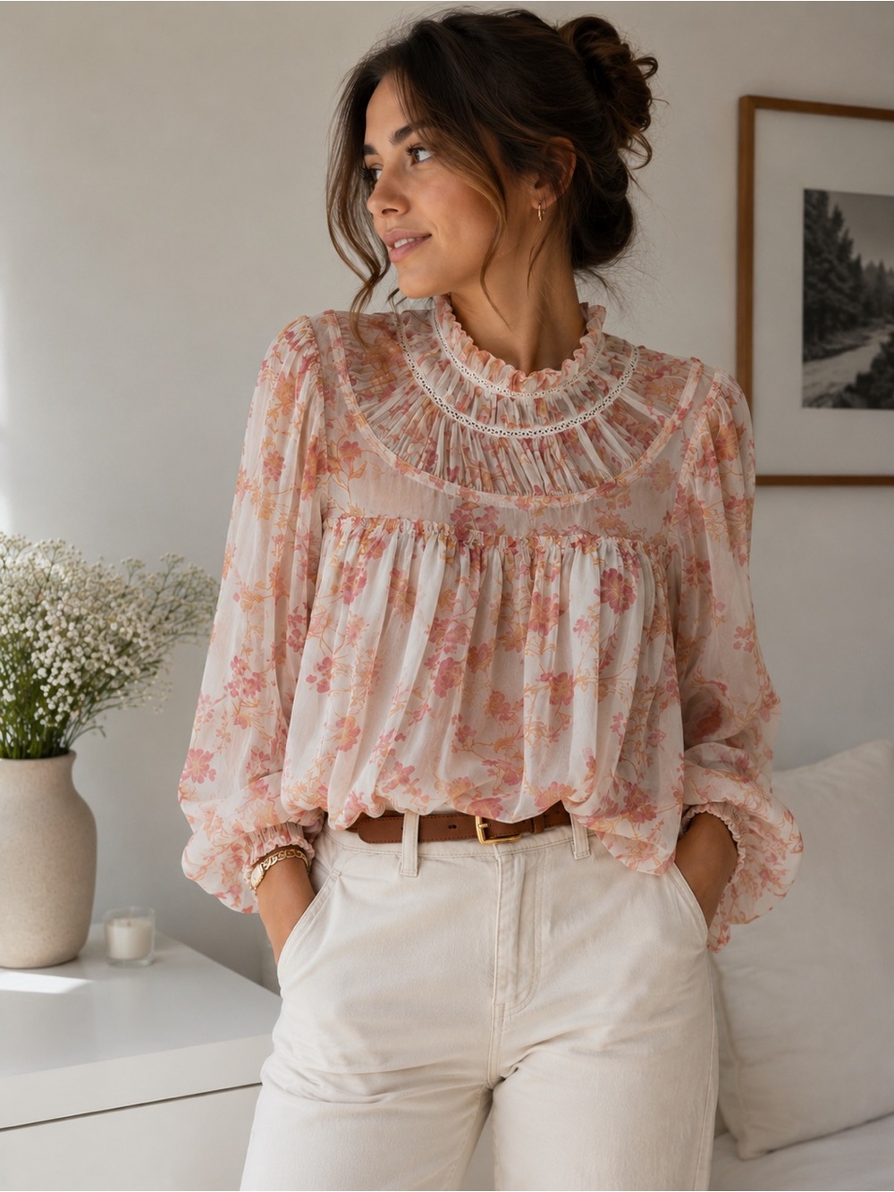 French Connection Sheer Floral Blouse Cottagecore Boho Top M Balloon Sleeves